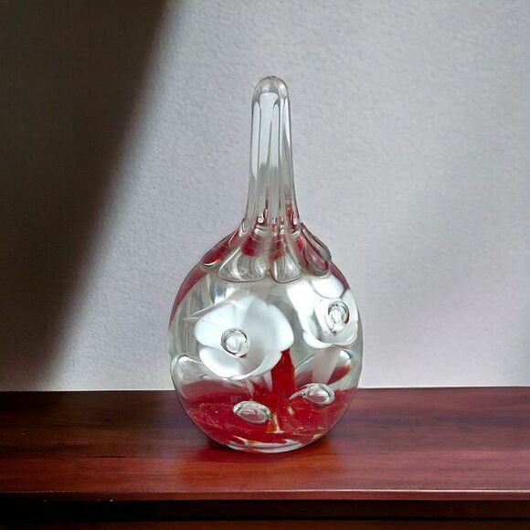 VTG Joe St. Clair Glass Teardrop Bubbles Red Floral Ring Holder Paperweight. - Picture 1 of 7